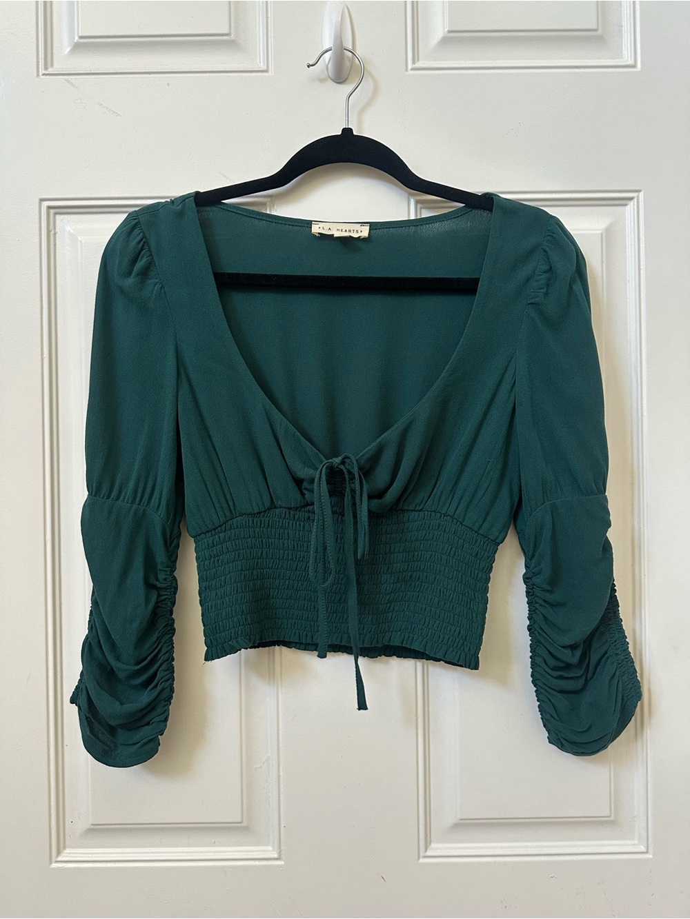 PacSun LA Hearts Teal Emerald Smocked Tie Front Crop Top Ruched Cottagecore XS